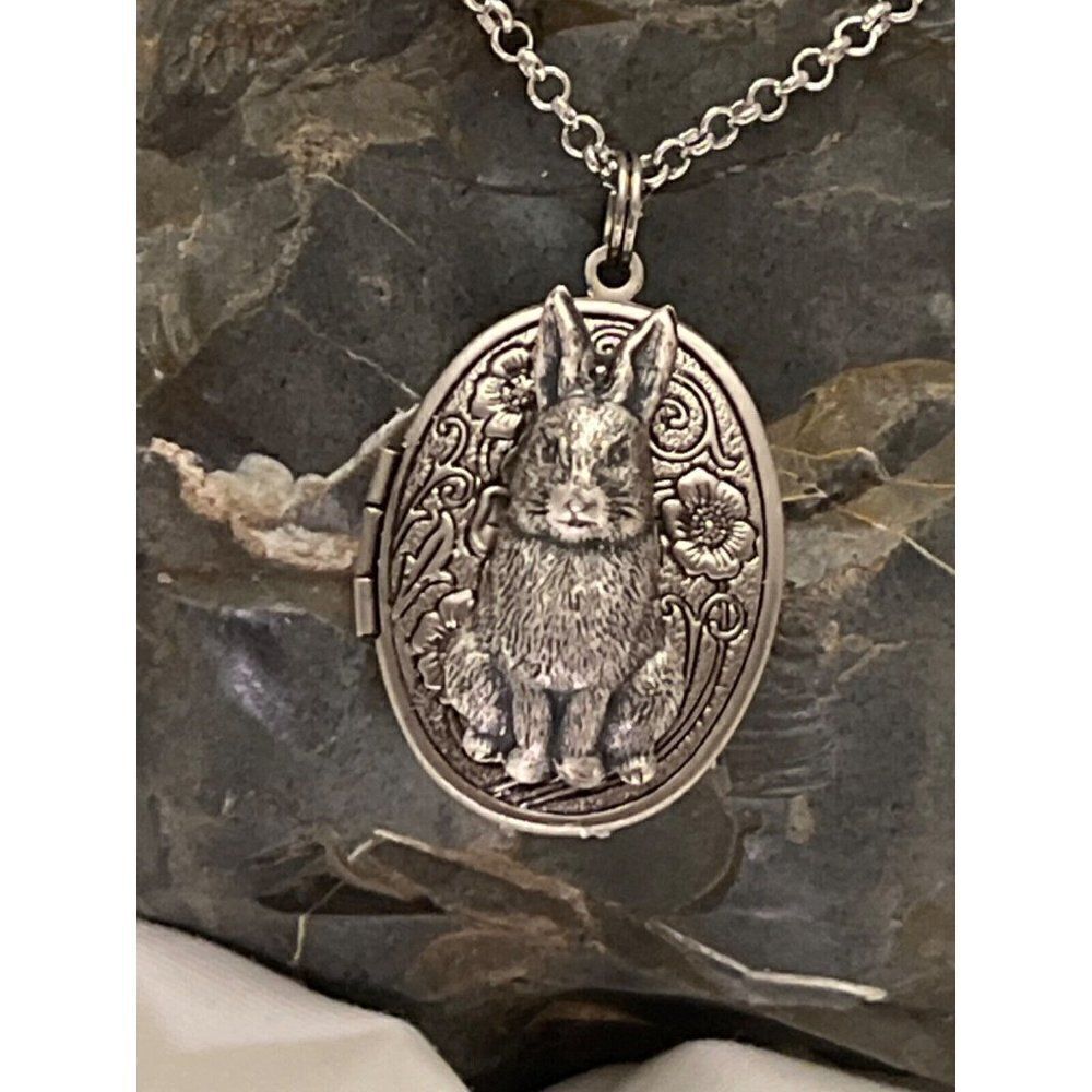 SILVER BUNNY RABBIT Locket Necklace JEWELRY Pendant PHOTO Picture CAMEO Easter